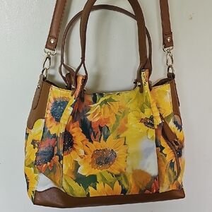 SHARIF 1827 purse. Sunflower Print Brown Leather Tote Bag.